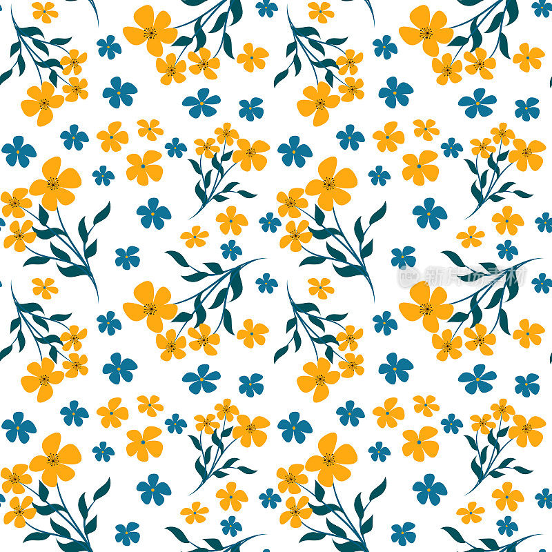 时尚无缝矢量花卉图案。无穷无尽的黄色和蓝色小花。夏天和春天的动机。白色背景。股票矢量图