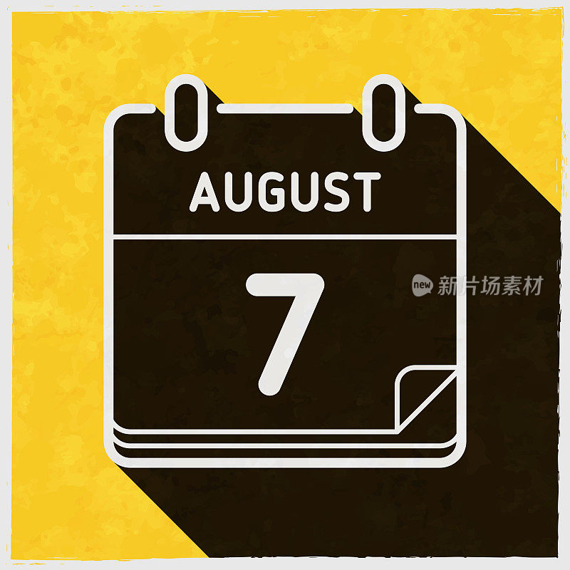 8月7日。图标与长阴影的纹理黄色背景