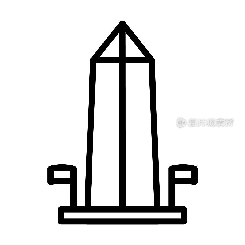 从华盛顿纪念碑图标的建筑物收集。薄线性华盛顿纪念碑，美国，纪念碑轮廓图标孤立在白色背景。线向量华盛顿纪念碑标志，符号为网和。
