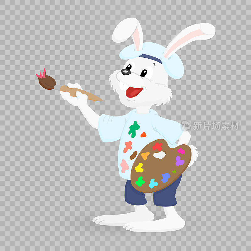 快乐的复活节兔子，复活节兔子的图标。给孩子们的兔子和鸡蛋。兔或小兔，是春节的喜庆动物。卡通节日象样向量人物。透明背景上的向量。PNG。