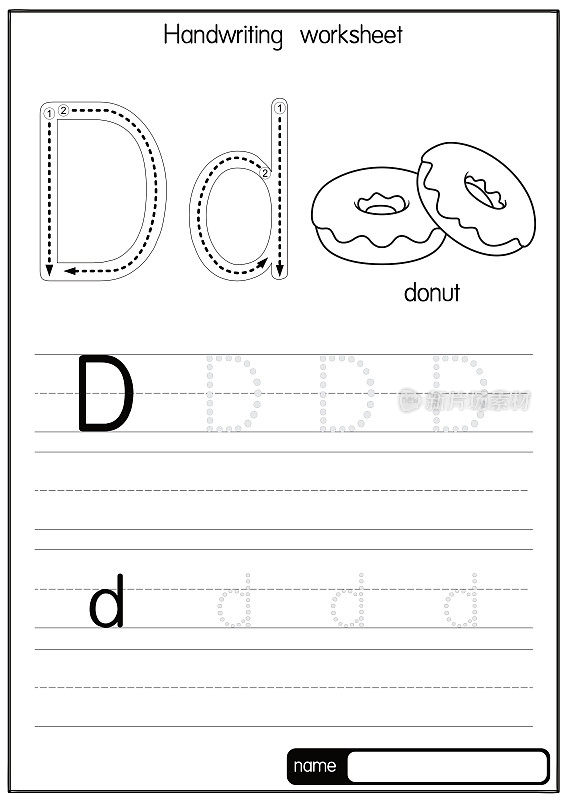 黑白矢量插图甜甜圈与字母D大写字母或大写字母为儿童学习实践ABC
