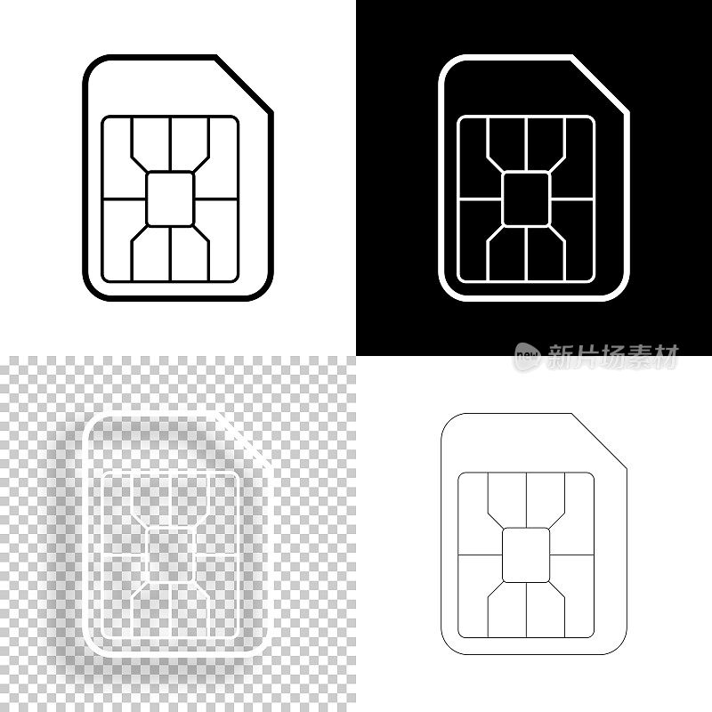 微SIM卡。图标设计。空白，白色和黑色背景-线图标