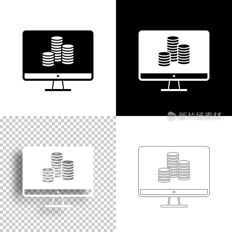 桌面电脑与一堆硬币。图标设计。空白，白色和黑色背景-线图标