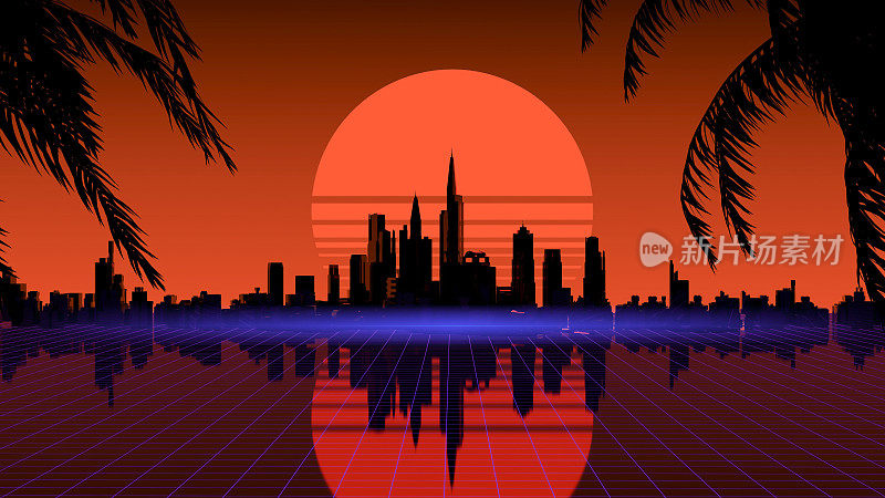 复古浪潮城市背景。霓虹灯夜景，带有八九十年代风格和美学的未来主义城市。合成波，赛博朋克，电脑视频游戏，概念。