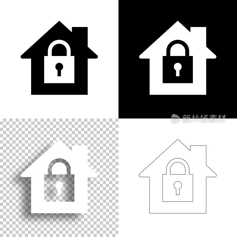 家庭安全-带挂锁的住宅。图标设计。空白，白色和黑色背景-线图标