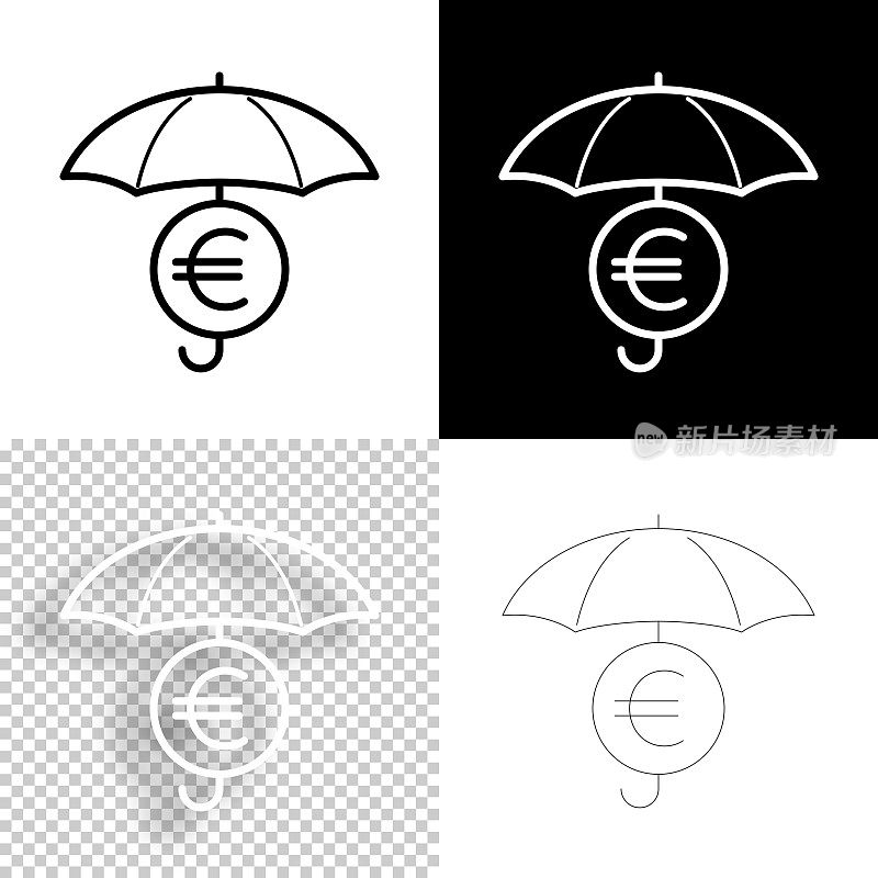 雨伞下的欧元硬币。图标设计。空白，白色和黑色背景-线图标