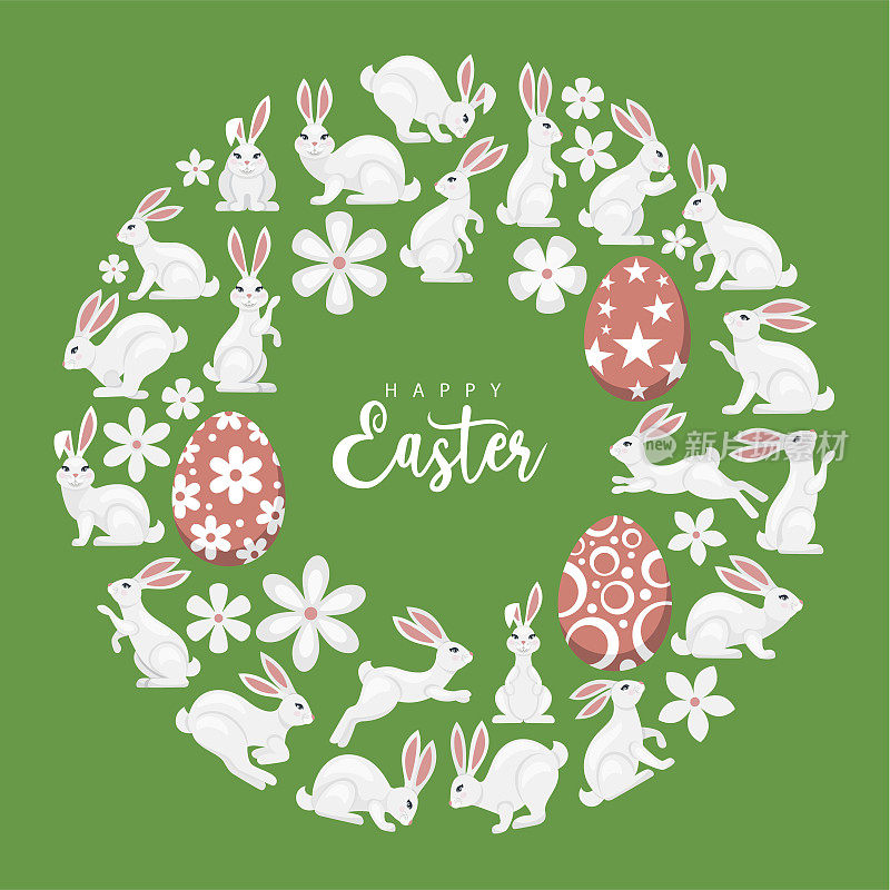 复活节卡片上有兔子和鲜花。