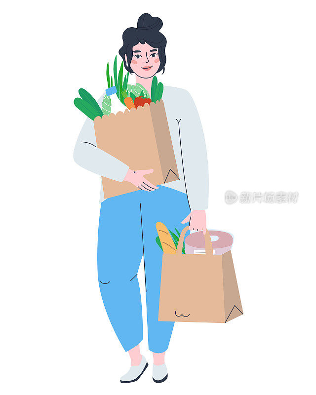 购物的女人。那个女孩拿着一包包的杂货站在那里。购买食物。平面向量插图。