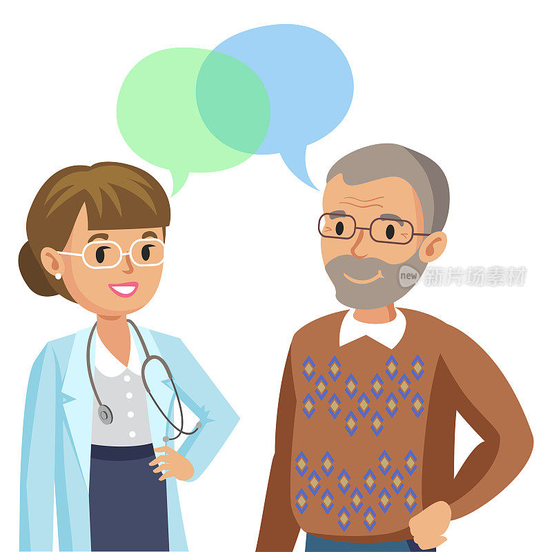 医生和老年病人。男人在和医生谈话。矢量插图。