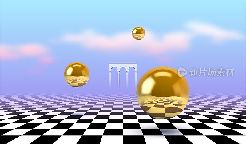 抽象的超现实概念，金色的球在蒸汽波风格的格子地板上飞行。平静的古门和云彩的背景。矢量图
