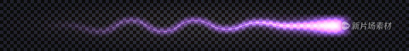 紫色霓虹灯发光的尾迹，激光束，电闪雷鸣。波浪漩涡霓虹射线孤立在黑暗透明的背景。矢量图