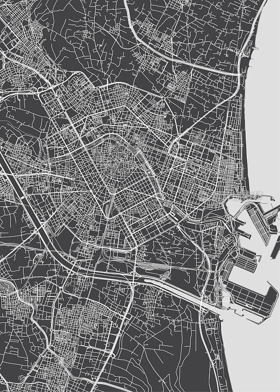 巴伦西亚城市地图，单色详细计划，矢量插图