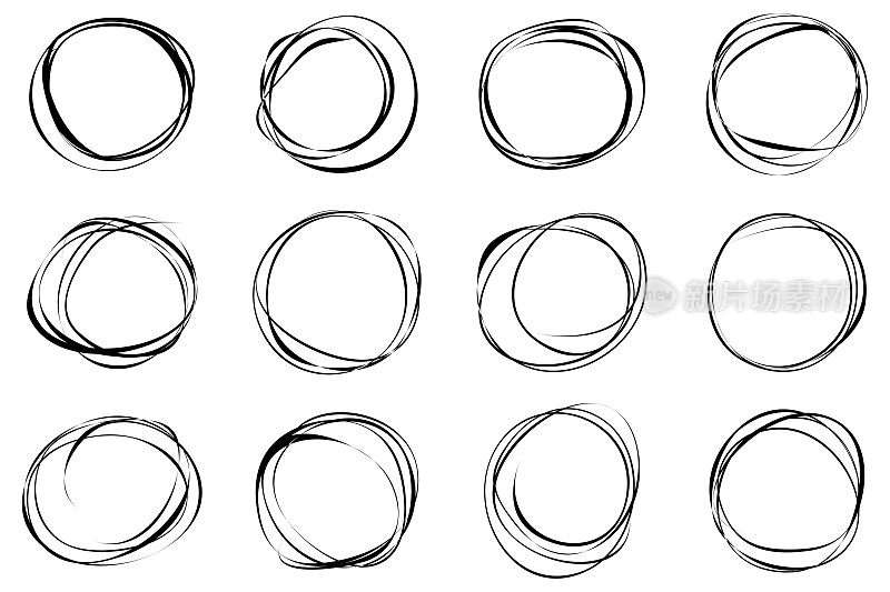 矢量创意集手绘圆线草图孤立在白色背景插图