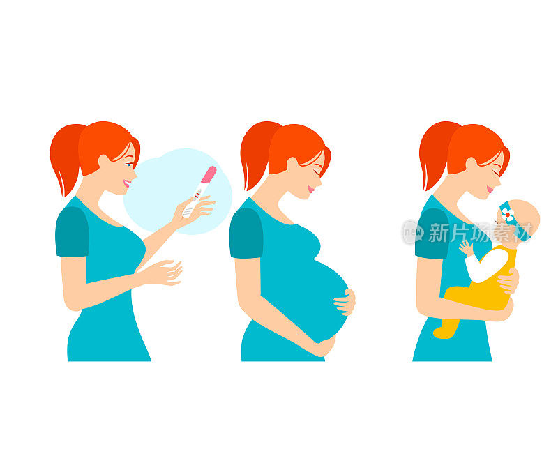 怀孕测试呈阳性的妇女。孕妇抱着她的肚子。可爱的妈妈和刚出生的女儿。