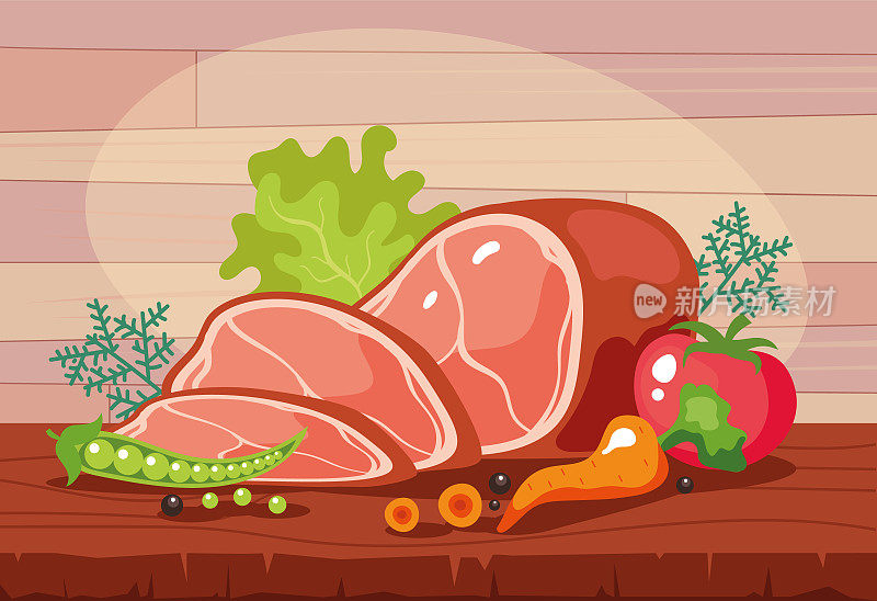 厨房餐桌上鲜肉菜的概念。矢量设计元素卡通插图