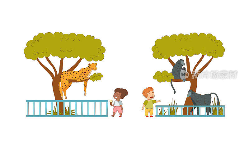 快乐的小男孩和女孩看着猴子和豹在动物园矢量插图围栏后面的树