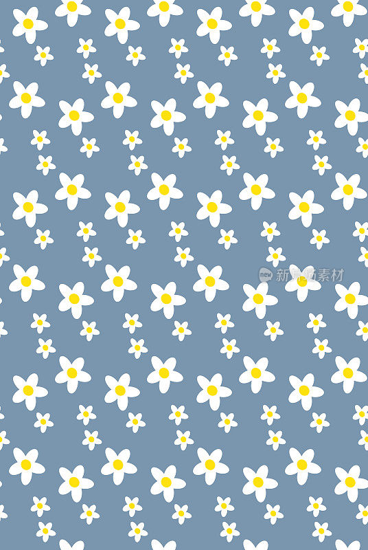 无缝图案白色花朵在蓝色背景平面矢量，无缝花卉图案在蓝色背景