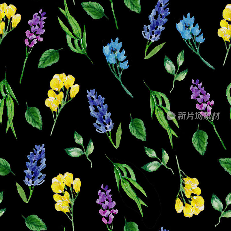 水彩手绘简单的花朵，繁盛的图案，不同的野花，黑色背景，蓝色，紫色，黄色，植物背景，多色的花朵，绿色的叶子