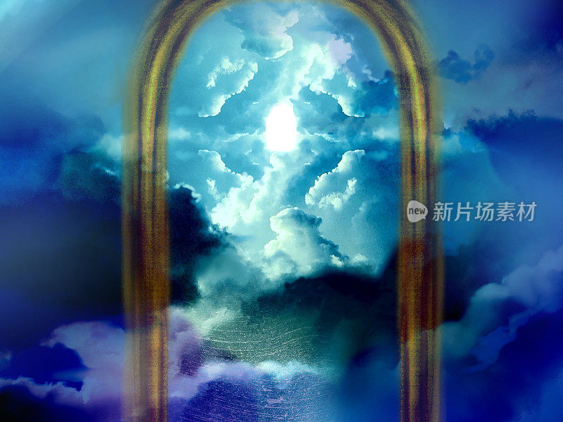 在通往天堂的神秘大门之外，神圣的光从天空中照耀，穿过云海的缺口。