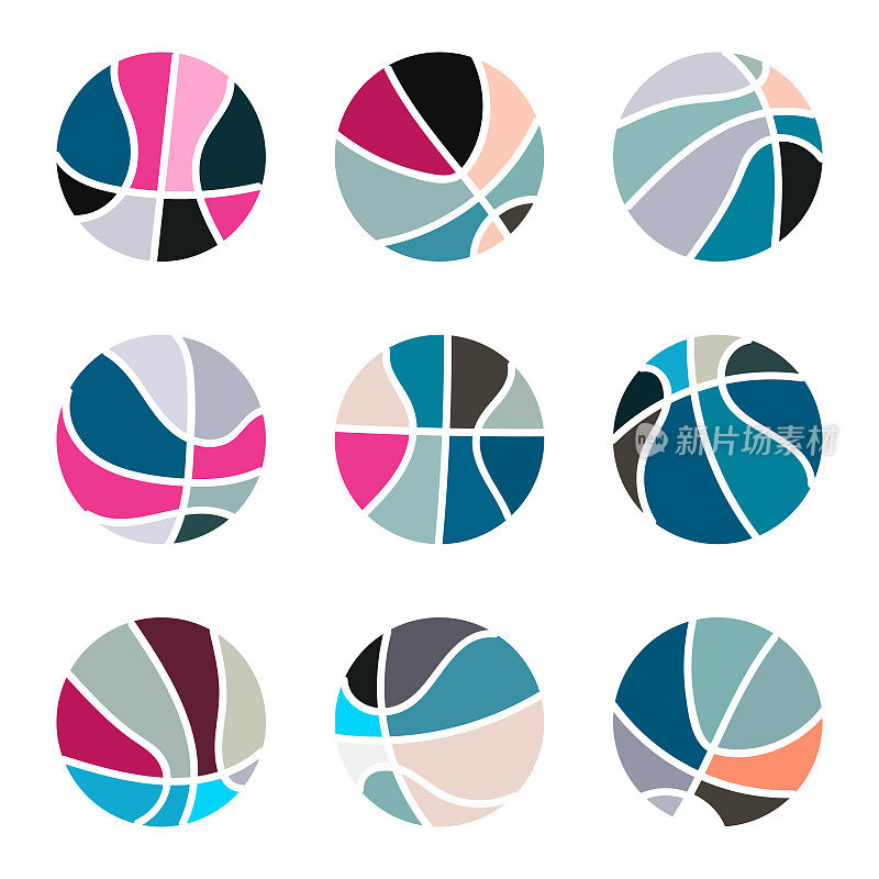 矢量颜色篮球极简符号插图集合