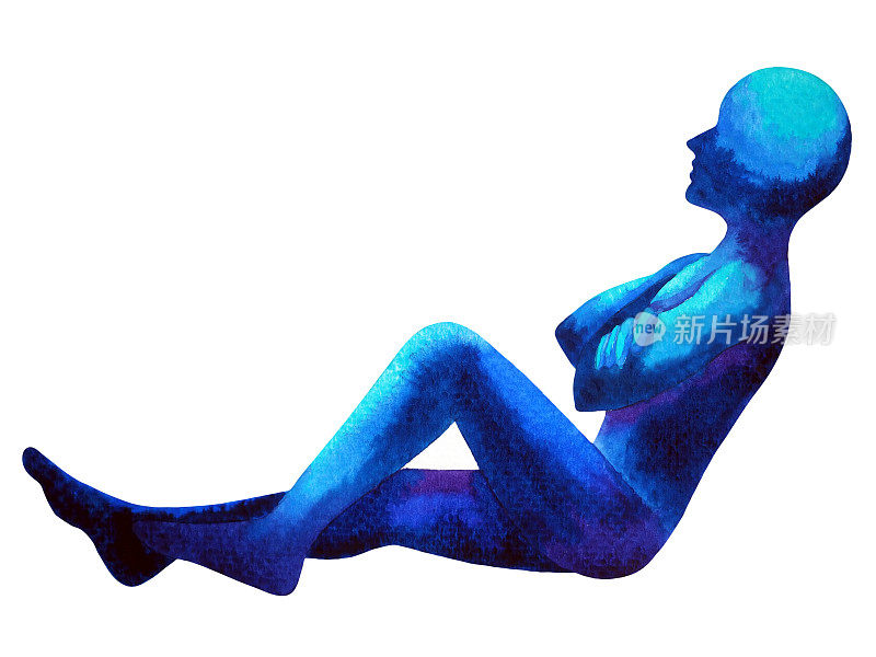 抽象精神心灵人体精神灵魂静坐思考位置活动艺术水彩画设计插图蓝色