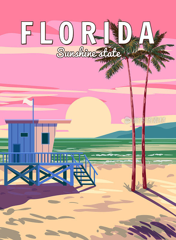 复古海报佛罗里达海滩。海滩，棕榈，海岸，冲浪，海洋上的救生员的房子。矢量图的