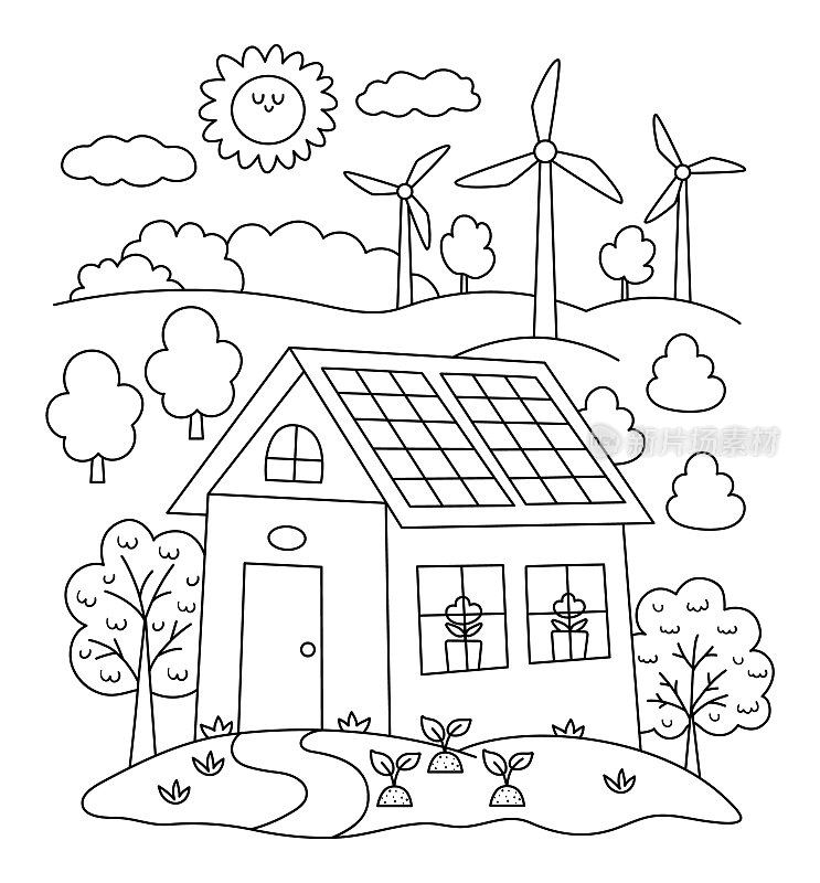 矢量黑白场景与生态房屋，风力涡轮机，太阳能电池板。环境友好的家线概念与树木。生态国家插图。可爱的地球日景观，着色页