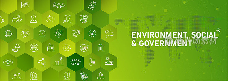 ESG自然环境旗帜图标集合环境、社会、治理零净概念。行图标集。EPS10矢量插图。