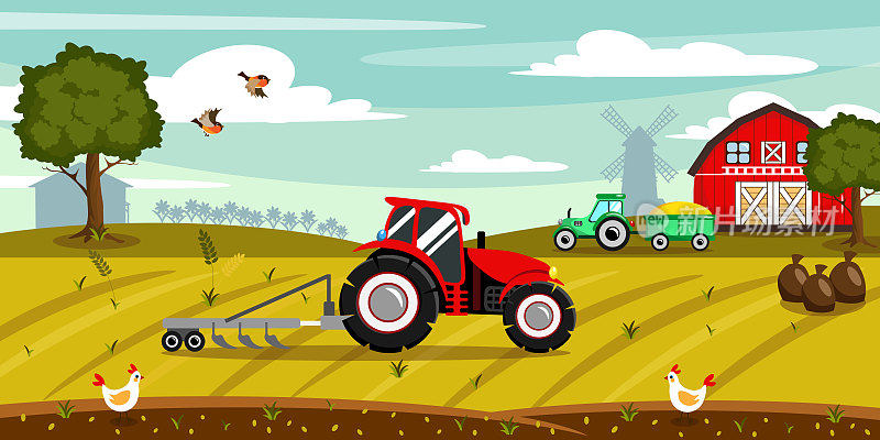 一个美丽的秋季农场的矢量插图。带有麦田、小麦收割拖拉机、鸡、鸟、谷仓、磨坊、树木的卡通景观。