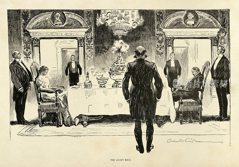 复古漫画，幸运的富人，讽刺一对不幸福的已婚富人夫妇在晚餐，美国，1890年代，19世纪