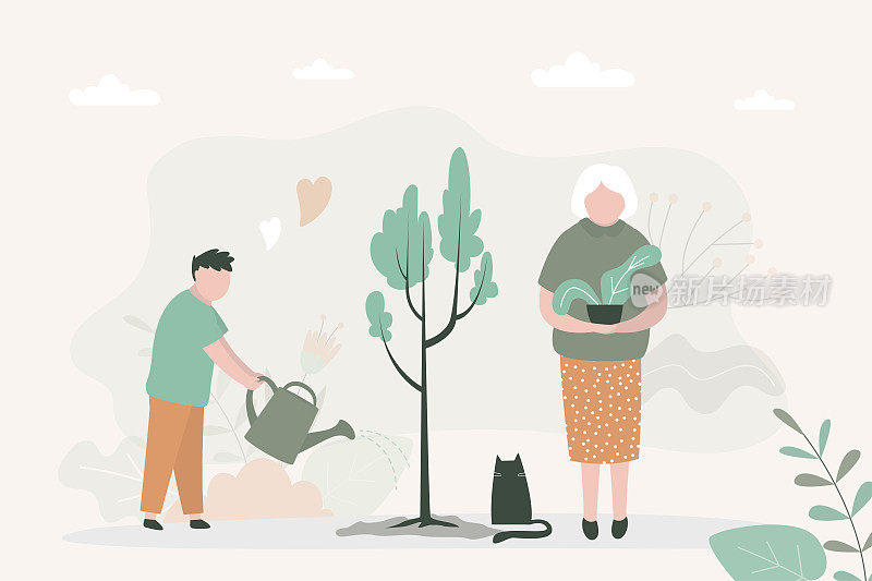 外婆和孙子绿化地球。男孩用喷壶给树浇水。可持续发展。老妇人帮助孩子种植植物。环境保护。园艺和孩子们。