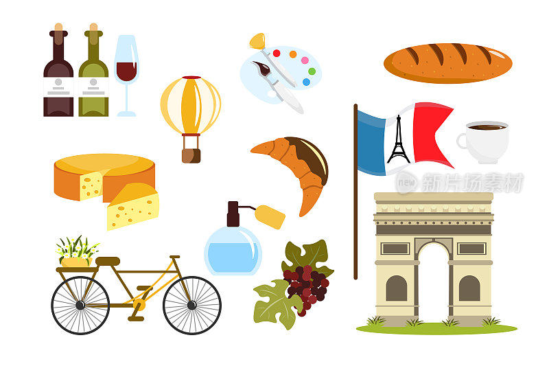 成套设备法国卡通风格。葡萄的矢量插图，旗帜与塔，牛角面包，咖啡，烈酒，奶酪，葡萄酒，气球，绘画，白色背景凯旋门。