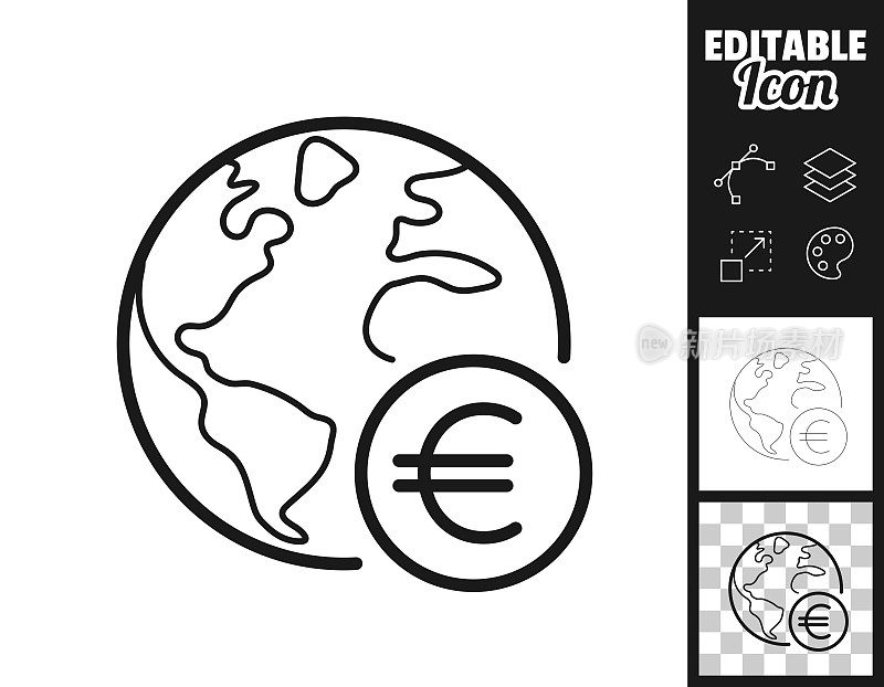 地球上有欧元标志。图标设计。轻松地编辑