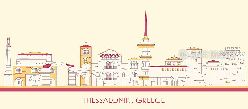 希腊塞萨洛尼基市的卡通天际线全景图