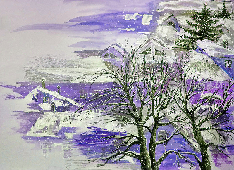 插图新年油画城市景观冬天树房子白雪覆盖的天空背景下飘落的雪花