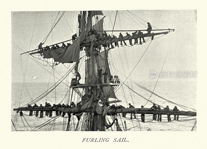 19世纪,19世纪90年代,英国皇家海军水手在Volage号上收帆