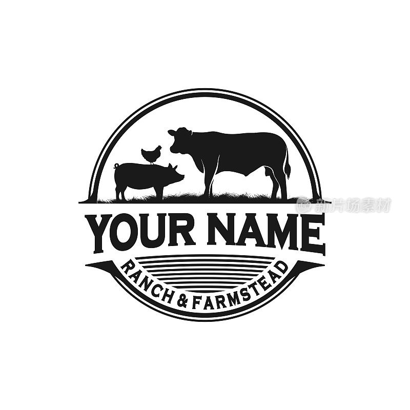 牧场和农场，农场动物标志的灵感。牛，猪和鸡
