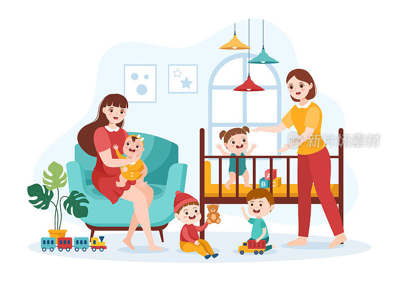 在平面卡通手绘模板插图上照顾、提供婴儿需要和与儿童玩耍的保姆或保姆服务