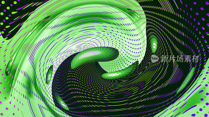 抽象的新鲜绿色漩涡三维波在黑色背景。虚线。豪华的屏幕。故障数字壁纸。碳中立的概念。环境保护。高效的能源。