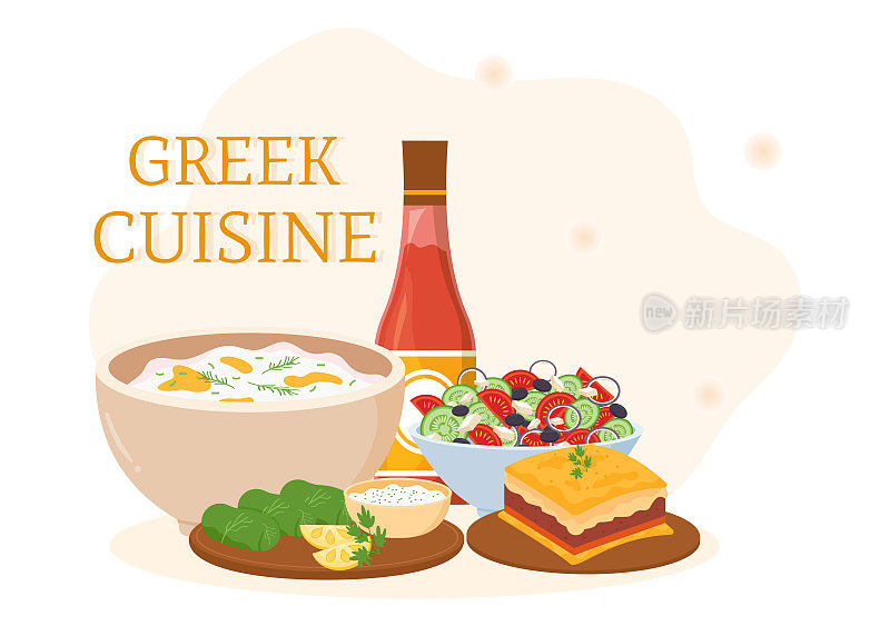 希腊美食餐厅设置菜单美味的菜肴传统或国家食品在平面卡通手绘模板插图