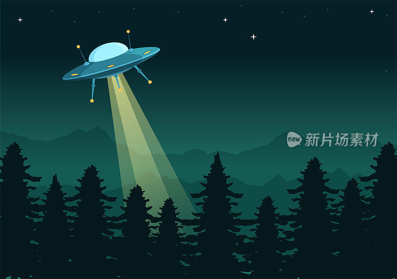 不明飞行物飞行宇宙飞船与光线在天空夜景和外星人在平面卡通手绘模板插图
