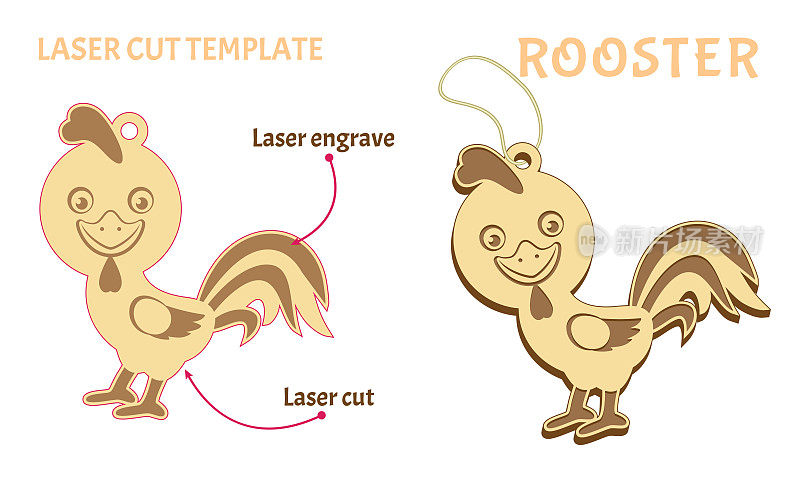 用胶合板做的公鸡玩具。模板用于激光切割和雕刻。中国新年生肖。矢量插图在一个简单的风格孤立的白色。