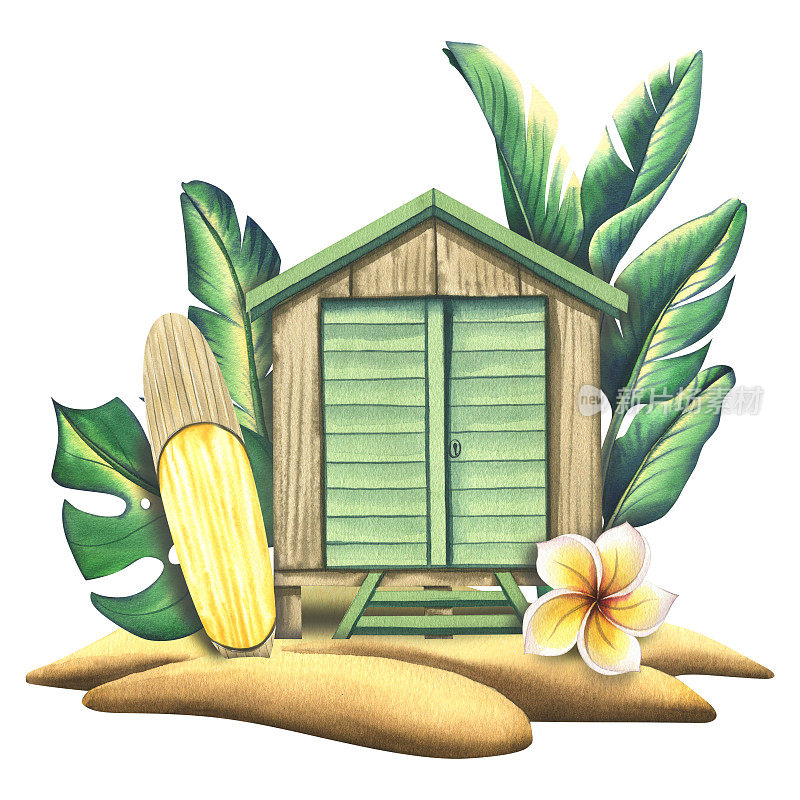 木制海滨别墅，车库与冲浪板在热带岛屿之间的棕榈树在白色的背景。水彩插图。冲浪系列的一个明亮的组成