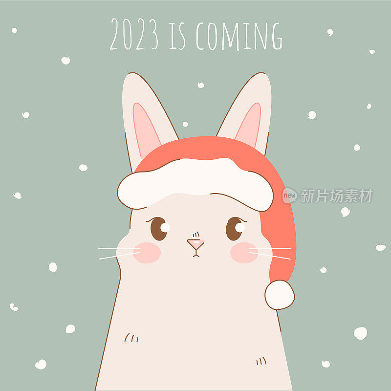 2023年的圣诞和新年卡片上有一只戴着圣诞帽的兔子和雪。矢量平面插图