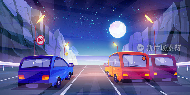 夜间行驶的汽车在山区高速公路的后视图