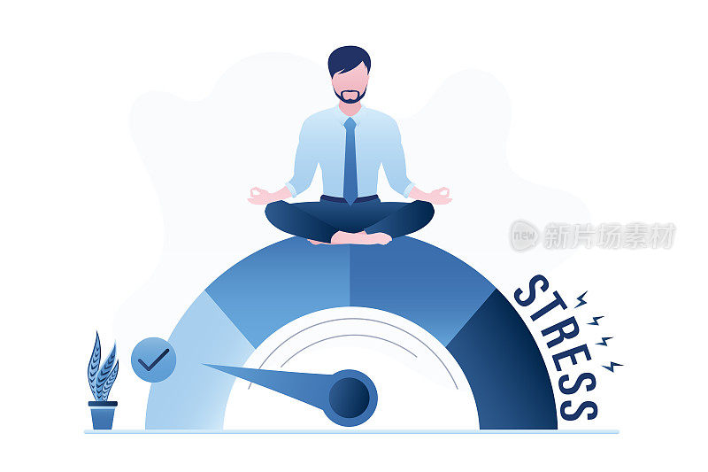 压力测试，员工放松，没有心理压力。男职员冷静，精神健康。商人坐在莲花瑜伽姿势在秤上。休息时间。