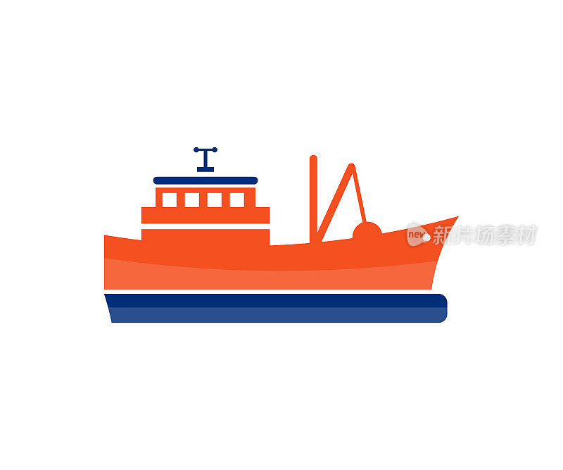 渔船打渔后返回港口。渔船，小船，海船。商业渔船航行矢量设计与插图。