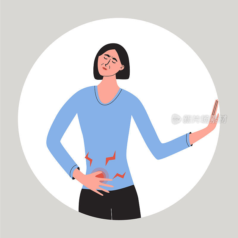 女性感觉右侧腹部疼痛。阑尾炎、肝病症状。平面矢量医学插图