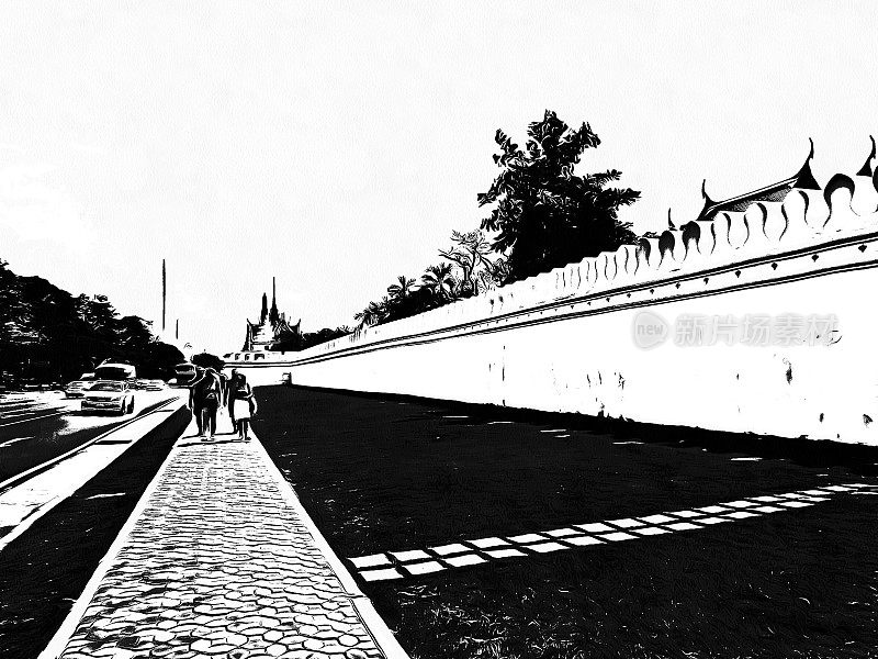 曼谷大皇宫景观黑白插图。