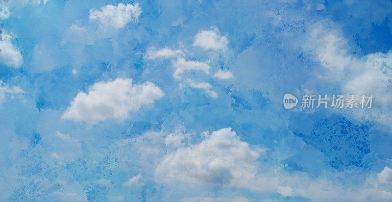 温和的夏季天空背景，照片逼真的蓝天和白云的水彩插图